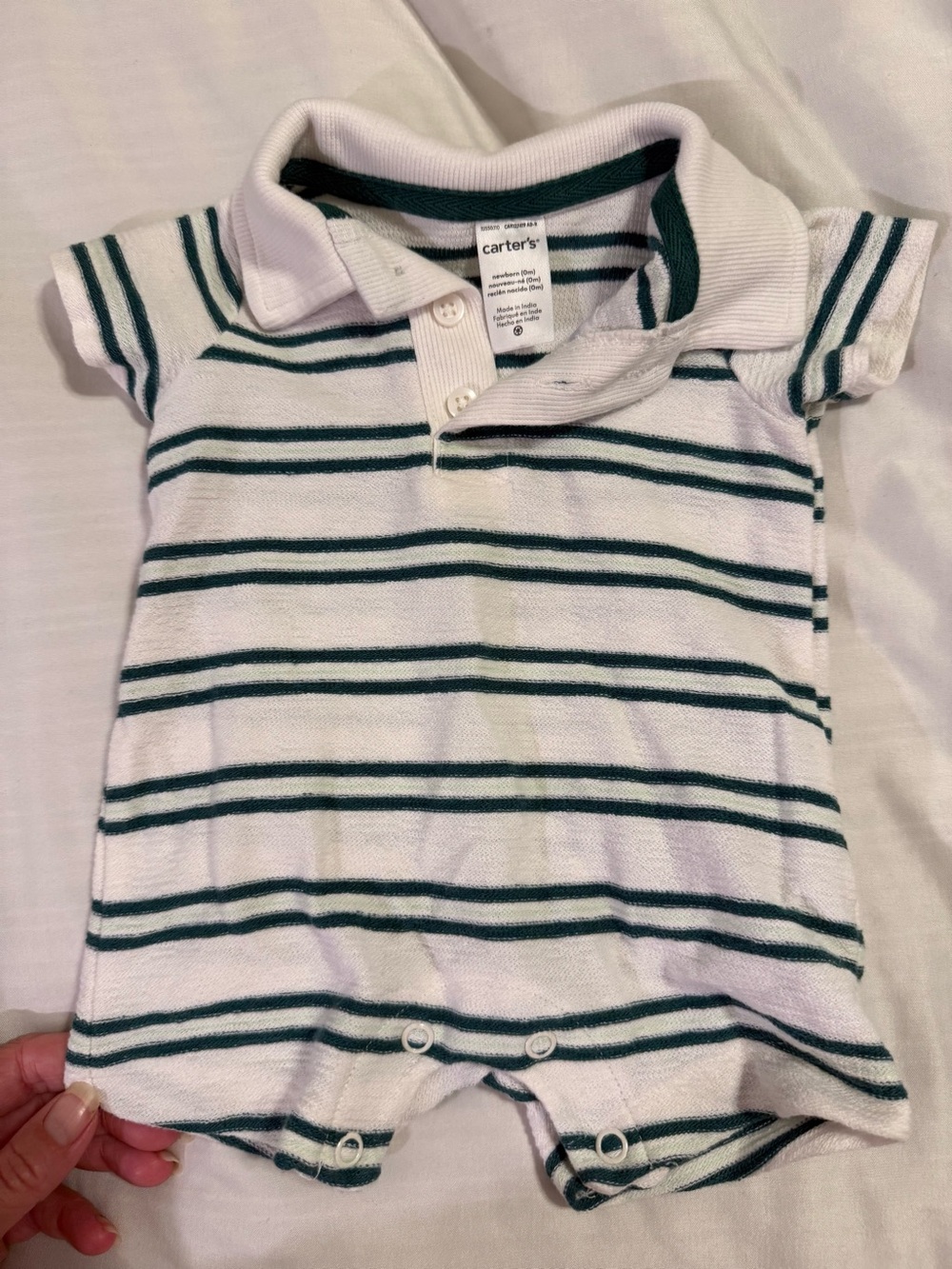 Carter's White with Dark Green Striped Polo Romper